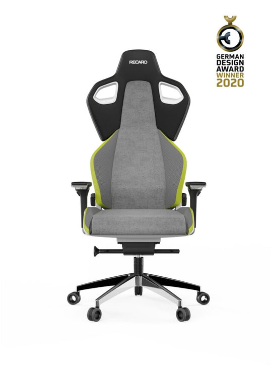 Der RECARO Exo Platinum von RECARO Shop ist ein moderner ergonomischer Bürostuhl mit hoher Rückenlehne, Kopfstütze, grün-grauem, atmungsaktivem Stoffbezug, Spezialrollen und RECARO-Logo. Das Badge „German Design Award Winner 2020“ erscheint oben rechts.