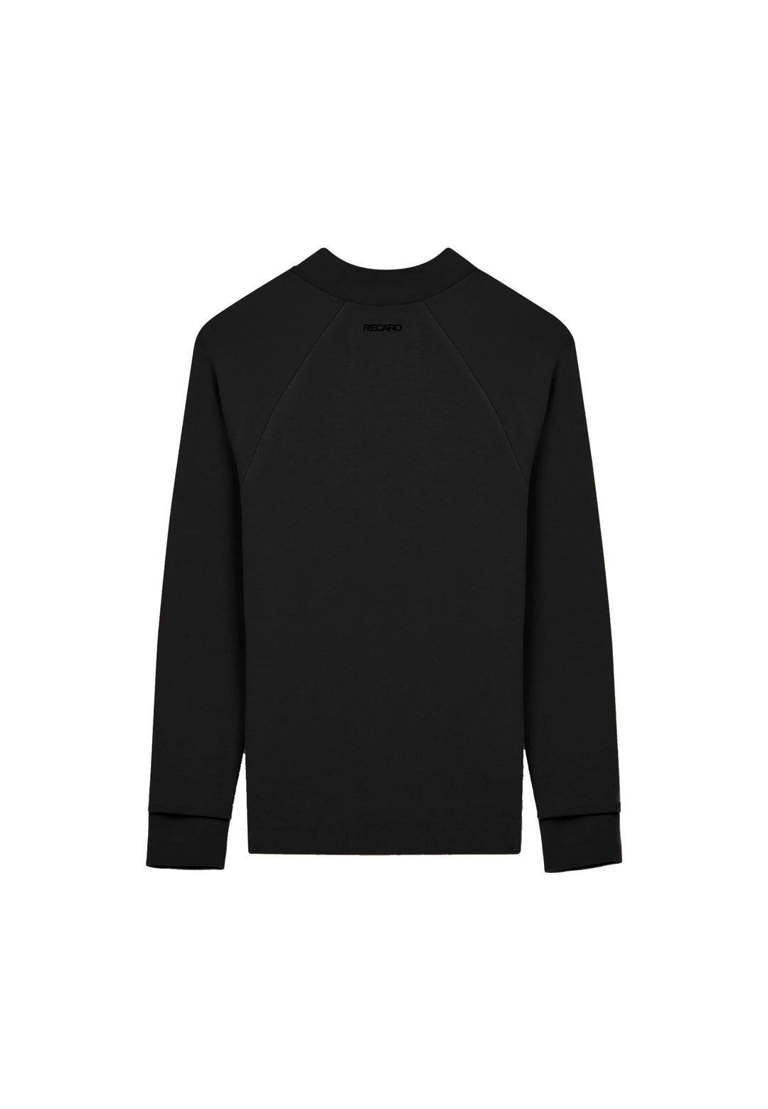 Die Rückansicht eines schlichten schwarzen RECARO_Merchandising Sweatblousons mit Rundhalsausschnitt, Raglanärmeln und Rippbündchen ist aus weichem Baumwollmaterial gefertigt und auf weißem Hintergrund abgebildet.