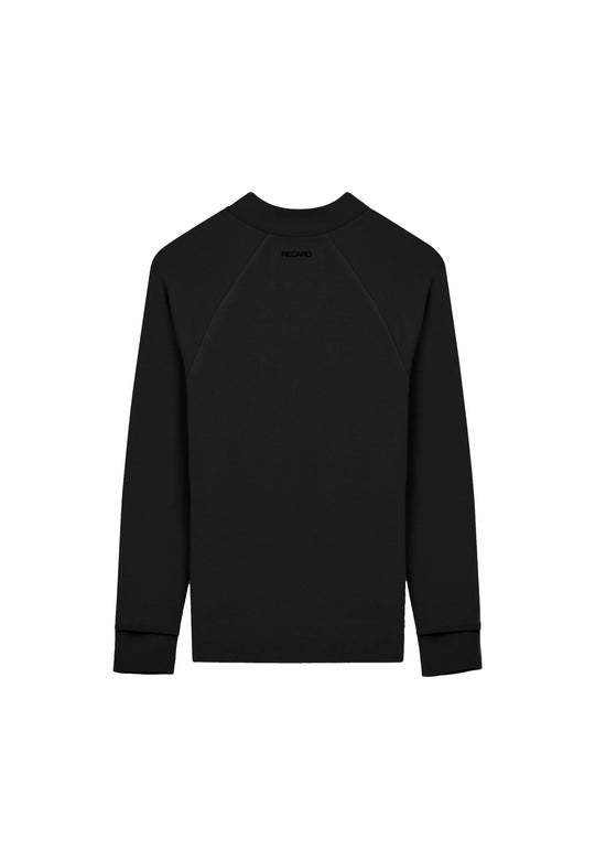 Die Rückansicht eines schlichten schwarzen RECARO_Merchandising Sweatblousons mit Rundhalsausschnitt, Raglanärmeln und Rippbündchen ist aus weichem Baumwollmaterial gefertigt und auf weißem Hintergrund abgebildet.