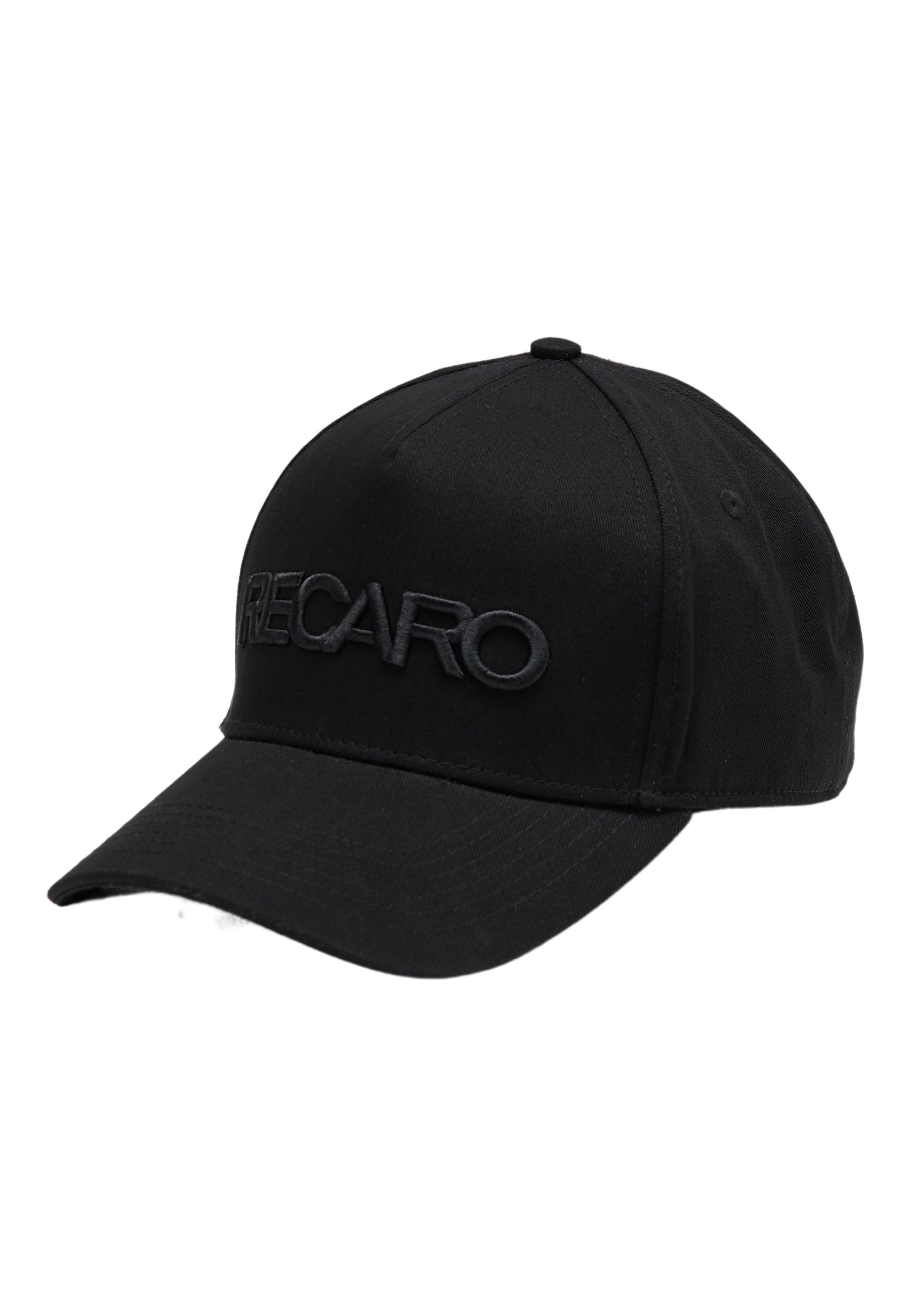 Das RECARO Baseball Cap Originals ist eine schwarze Kappe mit gebogenem Schirm und dezenter Ton-in-Ton-Stickerei „RECARO“ auf der Vorderseite, abgebildet auf schlichtem weißem Hintergrund.