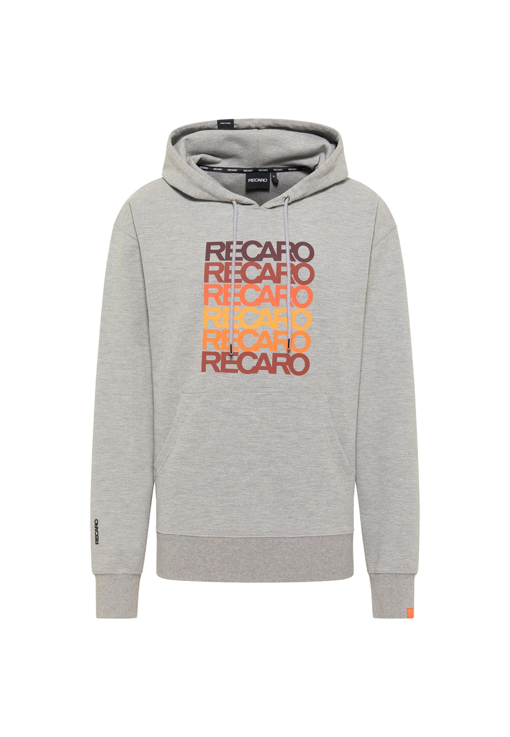 Der Hoodie Spektrum von RECARO  ist ein hellgrauer Unisex-Hoodie mit RECARO-Schriftzug in einem Farbverlauf von Dunkelviolett nach Orange auf der Brust, hergestellt aus Spektrum-Stoff, mit einer Fronttasche und gerippten Bündchen und Saum für einen Retro-Look.