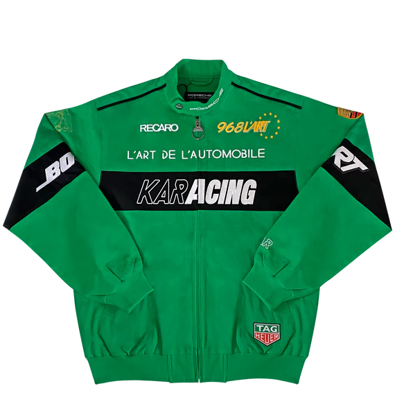 Recaro Jacket Eine grüne Rennjacke mit verschiedenen Logos und Aufnähern, darunter ...