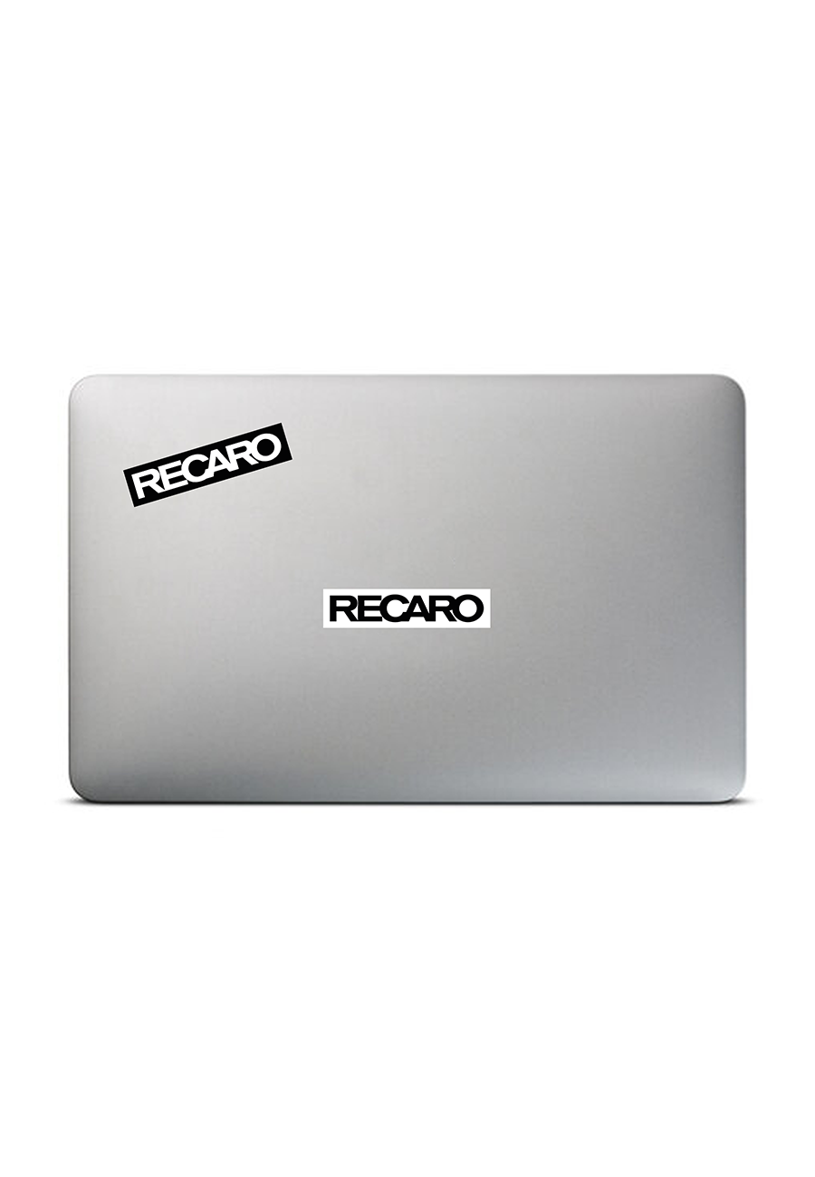 Ein silberner Laptop mit zwei RECARO Shop RECARO Aufkleber Basic (4 Stück) - einer in der Mitte und einer in der oberen linken Ecke des Deckels - für einen eleganten, individuellen Look.