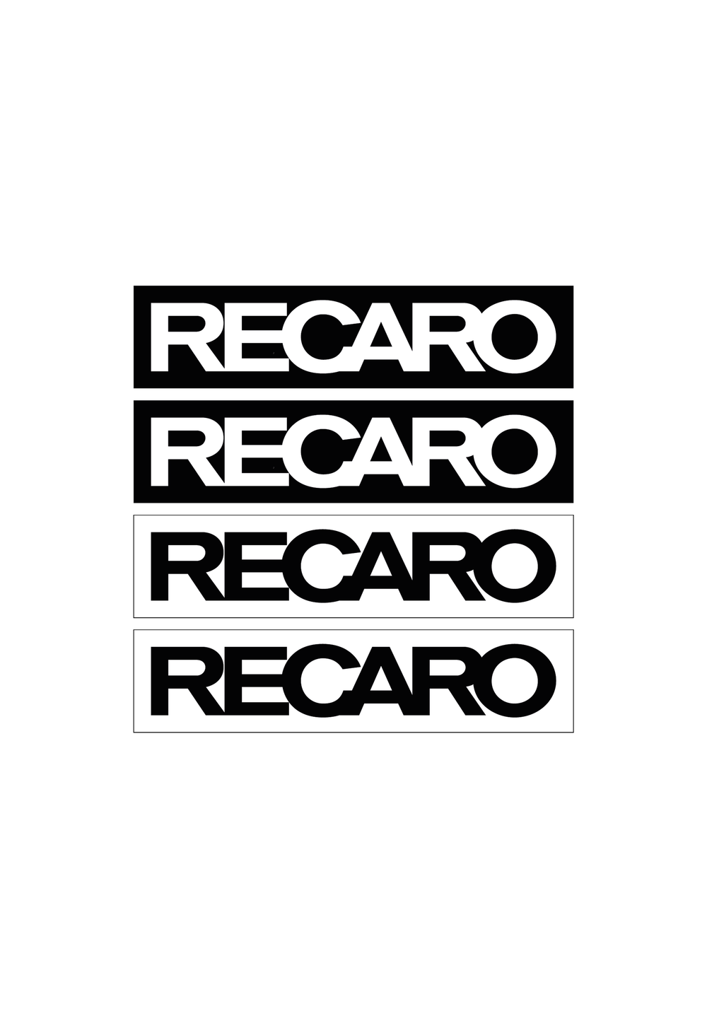 Der Aufkleber Basic (4 Stück) aus dem RECARO Shop zeigt fette RECARO Logos in Großbuchstaben in Rechtecken: zwei mit weißer Schrift auf schwarzem Grund und zwei mit schwarzer Schrift auf weißem Grund - ideal für glatte Oberflächen.
