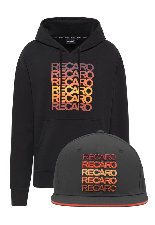 Der schwarze Unisex-Hoodie Recaro_Merch_Daniel Spektrum und die Mütze tragen den Schriftzug RECARO" in einem Retro-Rot-Orange-Gelb-Farbverlauf - fett gedruckt auf der Brust des Hoodies und stilvoll gestickt auf der Vorderseite der Mütze.