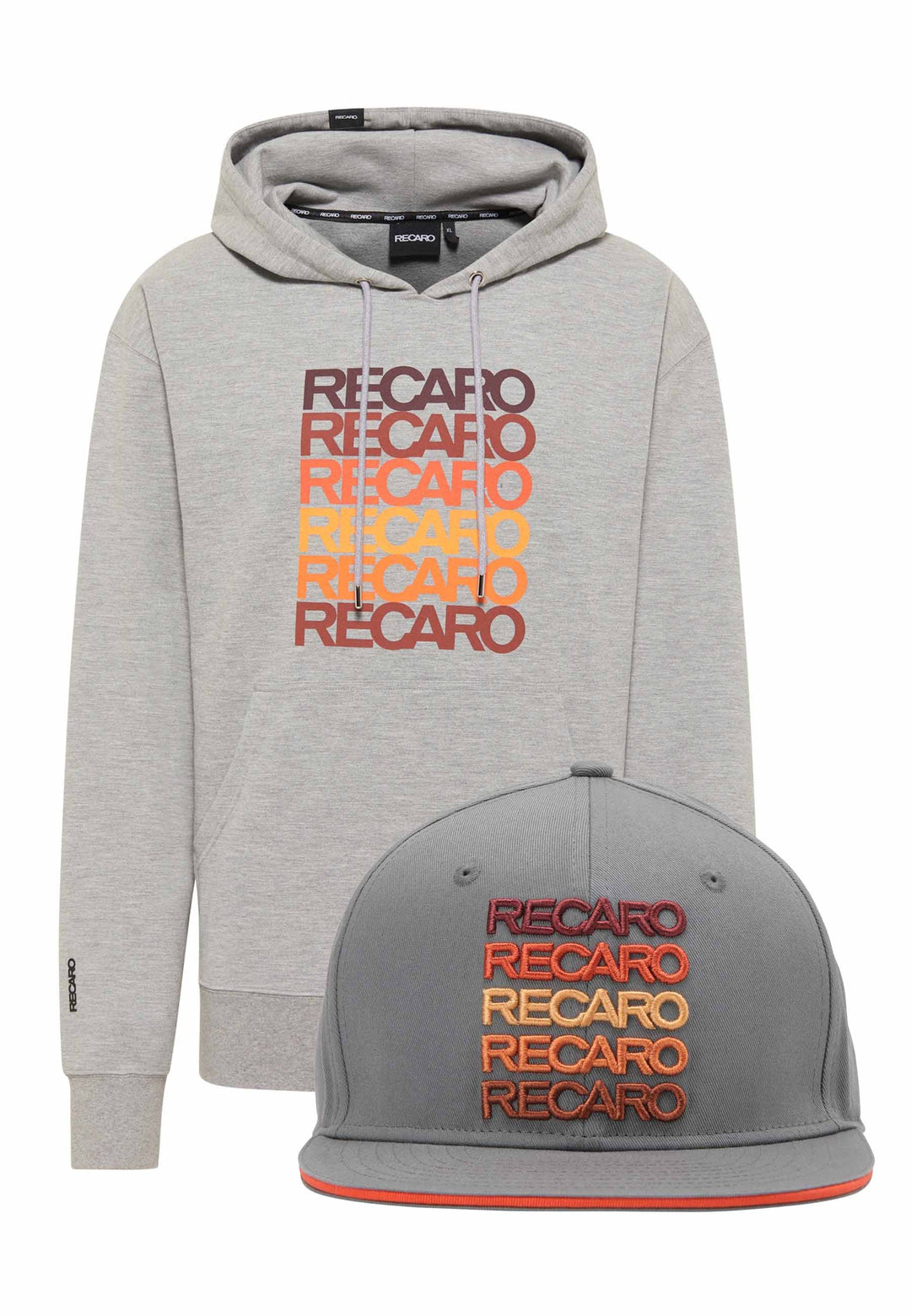 Das RECARO Shop Spektrum-Bundle besteht aus einem grau melierten Kapuzenpulli und einer Snapback-Cap, die beide das RECARO Logo in den Farben Rot, Orange und Gelb für einen frechen Vintage-Style tragen.