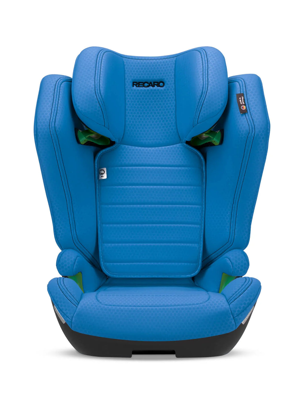 Der RECARO Shop Axion 1, ein blauer Kindersitz mit ISOFIX, gepolsterten Kopf- und Seitenstützen, konturierter Rückenlehne und grünen Akzenten für 3-12 Jahre, ist vorwärtsgerichtet auf weißem Hintergrund abgebildet.