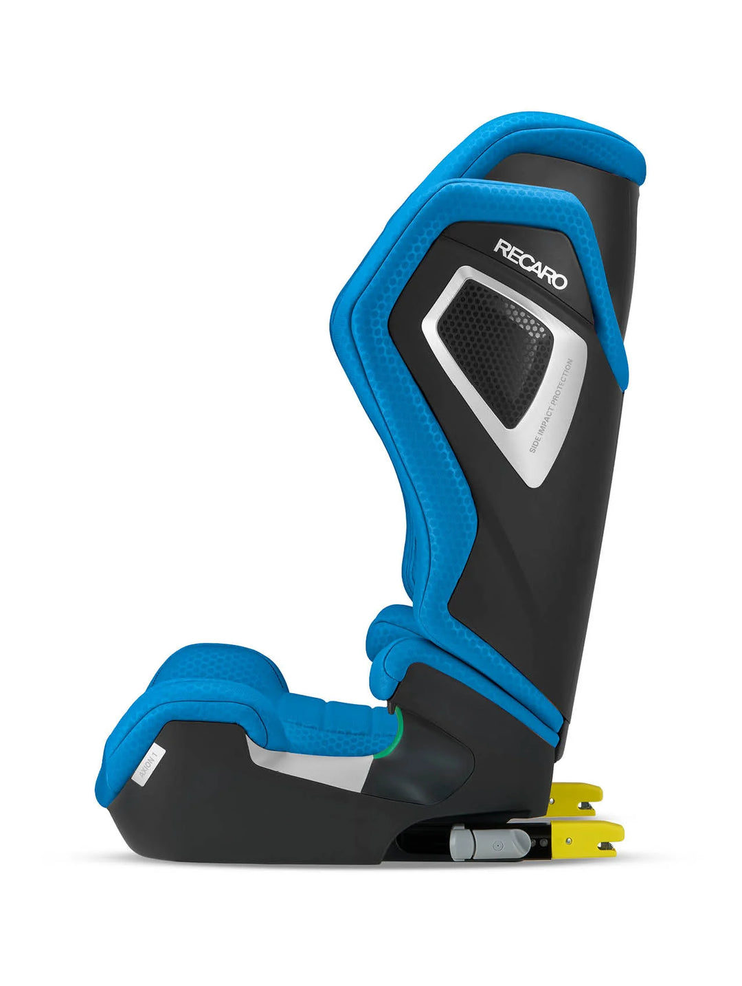 Seitenansicht des schwarz-blauen RECARO Axion 1 Kindersitzes aus dem RECARO Shop, mit ISOFIX mit gelben Steckern, hoher Rückenlehne, Kopfstütze und geeignet für Kinder von 3-12 Jahren. Das RECARO Logo befindet sich im oberen Bereich.