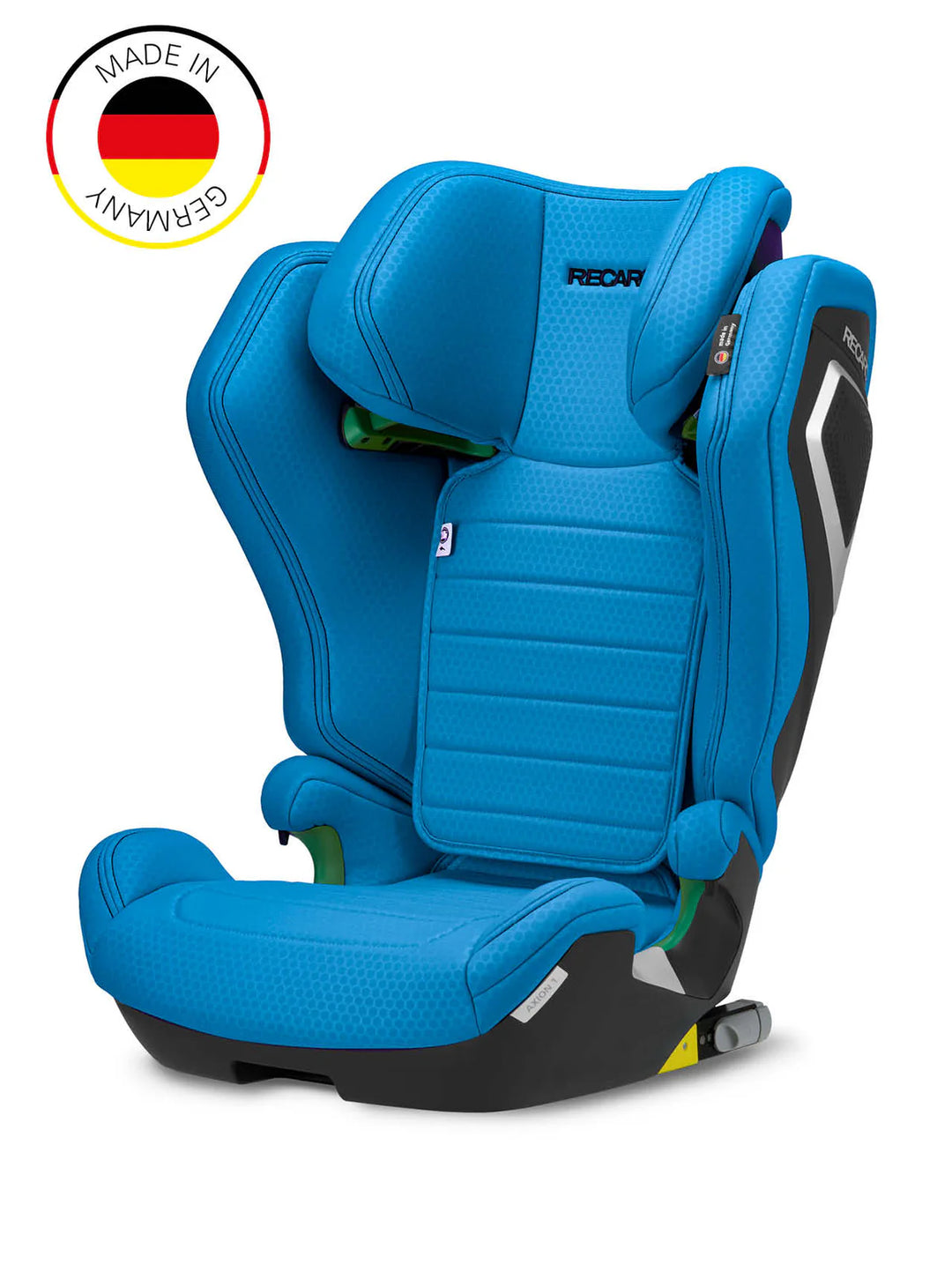 Der RECARO Axion 1 Kindersitz aus dem RECARO Shop ist blau mit schwarzen und grauen Akzenten, verfügt über Seitenschutz und ISOFIX und ist für Kinder von 3-12 Jahren geeignet. In der linken oberen Ecke befindet sich ein "Made in Germany"-Schriftzug mit einer deutschen Flagge.