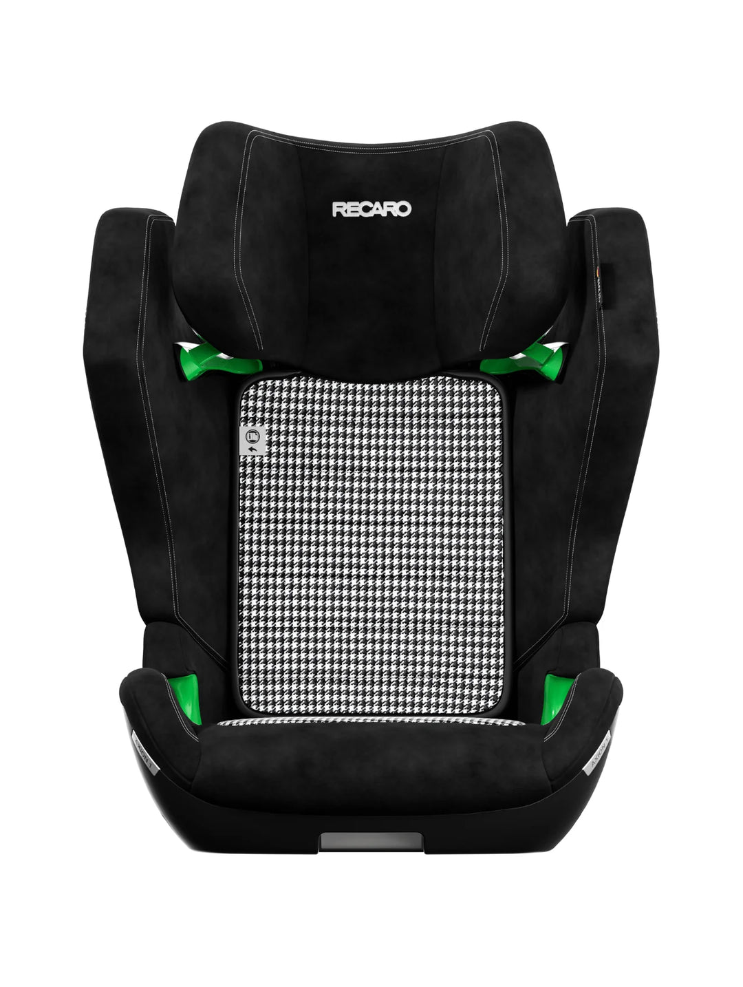 Vorderansicht eines schwarzen RECARO Axion 1 aus dem RECARO Shop mit grünen Akzenten und einem Hahnentritt-Mittelkissen. Entwickelt für Kindersicherheit, geeignet für 3-12 Jahre und ISOFIX kompatibel.