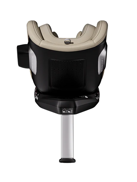 Der Kindersitz TORON 1 von RECARO Shop in den Farben Beige und Schwarz zeigt sich in der Rückenansicht und zeichnet sich durch eine ergonomische Form und ein stabiles Untergestell mit Stützfuß für zusätzliche Stabilität aus.