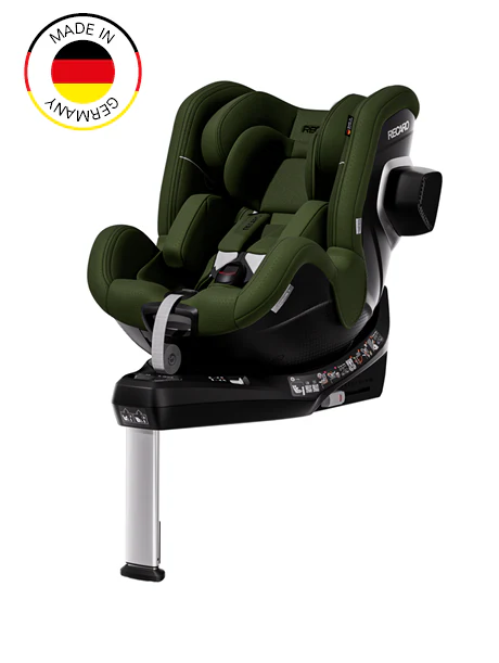Der RECARO Shop TORON 1, ein dunkelgrün-schwarzer Kindersitz mit ergonomischer Form, Sicherheitsgurt und Stützfuß, ist auf weißem Hintergrund abgebildet. Oben links ist ein "Made in Germany"-Abzeichen mit der deutschen Flagge zu sehen.