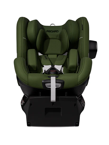 Ein grüner Kindersitz TORON 1 von RECARO Shop mit ergonomischer Form, gepolsterten Seitenwangen, Kopfstütze, Gurt und schwarzer Basis wird von oben betrachtet.