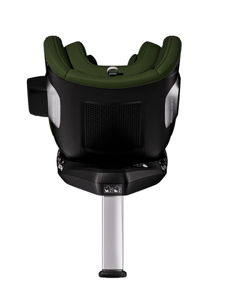 Rückansicht eines grün-schwarzen RECARO Shop TORON 1 mit ergonomischer Form, montiert auf einem Metallfuß mit Standbein.