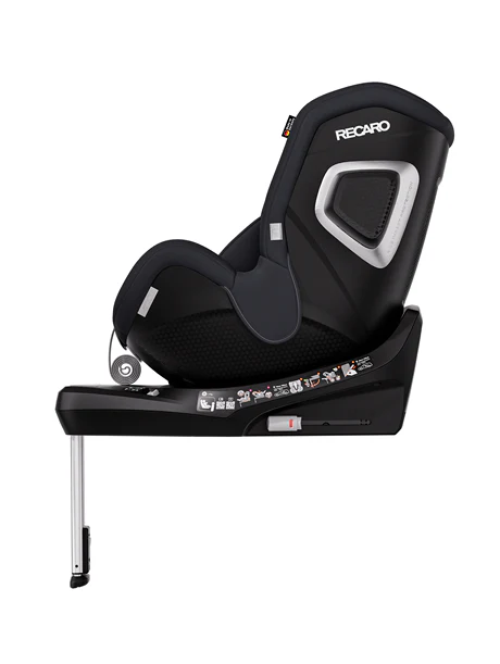 Der RECARO Shop TORON 1 in den Farben Schwarz und Grau mit stabiler Basis, Seitenaufprallschutz, ergonomischem Design, verstellbarem Stützfuß und 360°-Drehfunktion wird in der Seitenansicht präsentiert.