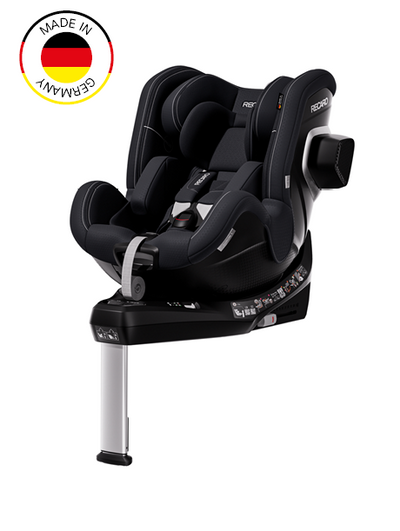 Der RECARO Shop TORON 1 KID-Kindersitz in Schwarz ist schräg dargestellt und verfügt über einen Sicherheitsgurt, ein Stützbein und eine 360°-Drehfunktion für eine sichere und einfache Handhabung. In der oberen linken Ecke ist ein „Made in Germany“-Emblem mit einer deutschen Flagge zu sehen.