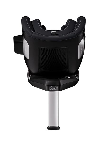 Der RECARO Shop TORON 1 Kindersitz in Schwarz zeigt sich in der Rückansicht mit einem Standbein für Stabilität, mehreren Verstellmöglichkeiten am Fuß, ergonomischer Form, weichen Konturen und metallischen Akzenten in modernem Design.