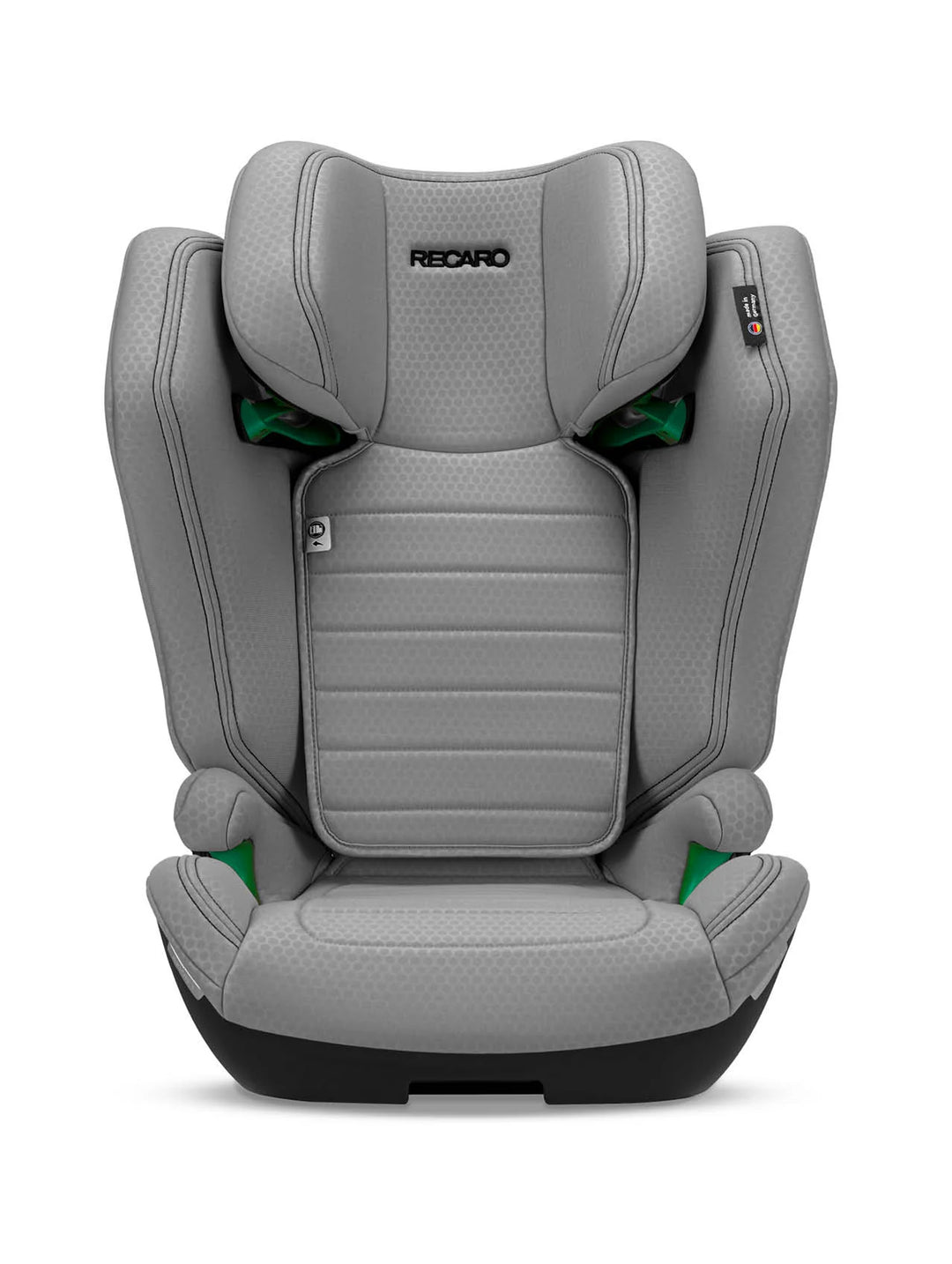 Der RECARO Shop Axion 1 ist ein grauer Kindersitz für 3-12 Jahre mit strukturiertem Stoff, schwarzer Basis, grünen Akzenten, ISOFIX-Kompatibilität und seitlichem Kopfschutz auf weißem Hintergrund.