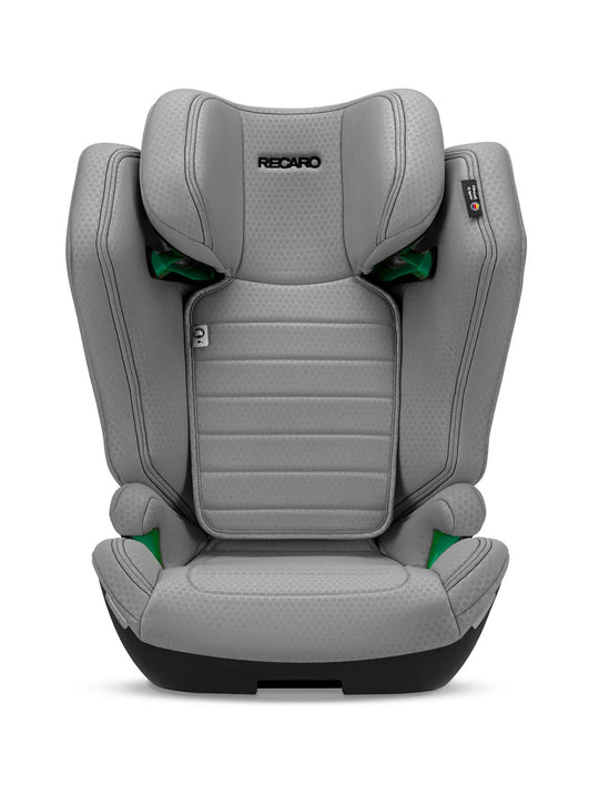 Der RECARO Shop Axion 1 ist ein grauer Kindersitz für 3-12 Jahre mit strukturiertem Stoff, schwarzer Basis, grünen Akzenten, ISOFIX-Kompatibilität und seitlichem Kopfschutz auf weißem Hintergrund.