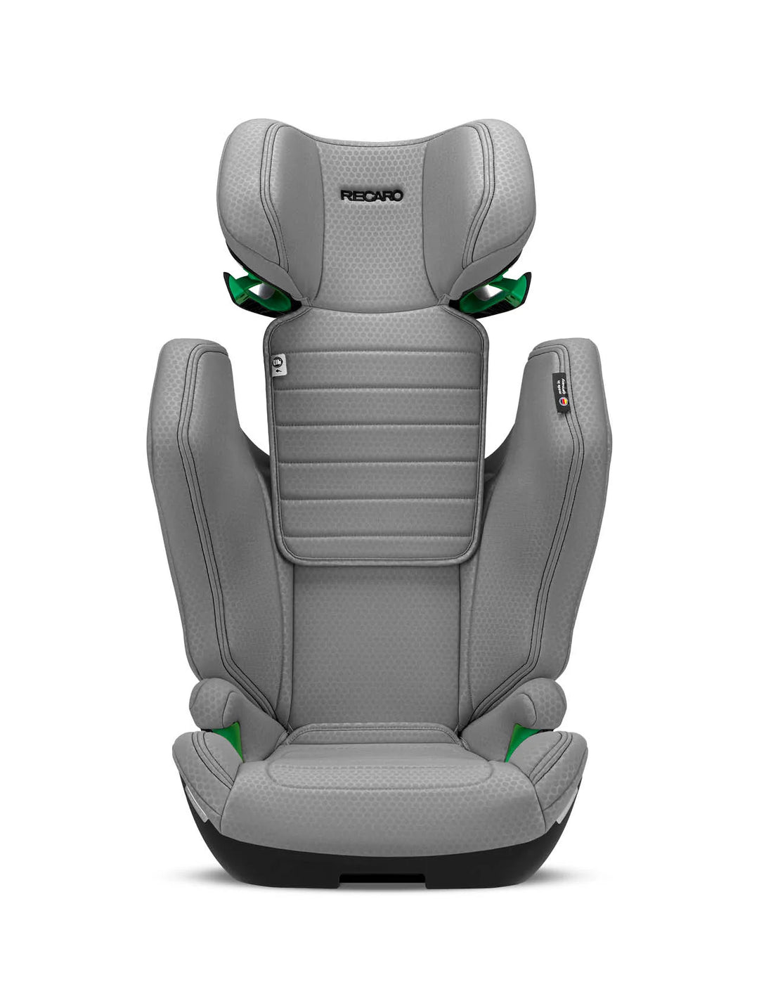 Der RECARO Shop Axion 1 ist ein grauer Hochlehner-Kindersitz mit Seitenstützen, grünen Akzenten, Kopfstützen-Branding und ISOFIX und bietet Komfort und Sicherheit für Kinder von 3-12 Jahren.