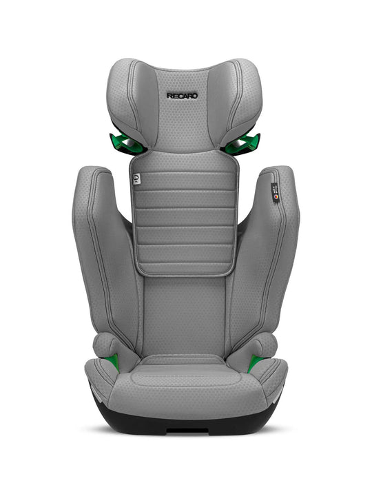 Der RECARO Shop Axion 1 ist ein grauer Hochlehner-Kindersitz mit Seitenstützen, grünen Akzenten, Kopfstützen-Branding und ISOFIX und bietet Komfort und Sicherheit für Kinder von 3-12 Jahren.