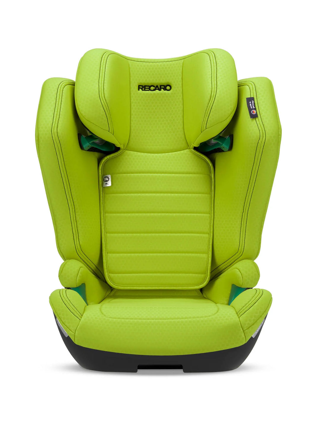 Der RECARO Shop Axion 1 ist ein leuchtend grüner Kindersitz für 3-12 Jahre mit gepolsterten Seitenwänden, Kopfstütze, ISOFIX-Kompatibilität und Gurtschlitzen auf weißem Hintergrund.