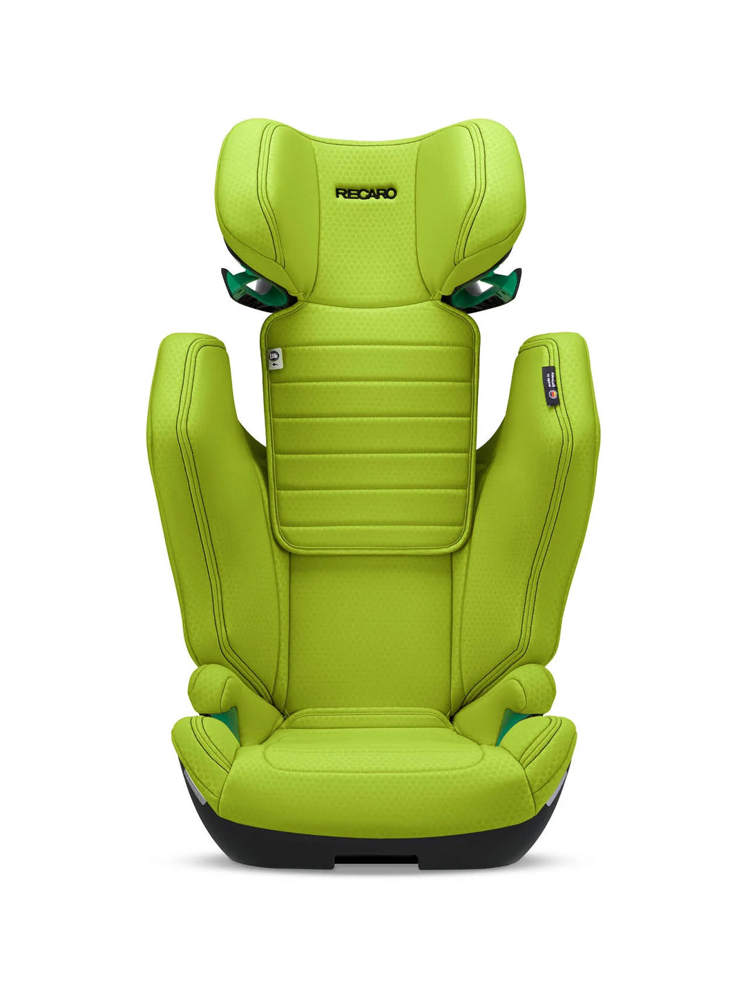 Ein leuchtend grüner RECARO Axion 1 Kindersitz (RECARO Shop) für 3-12 Jahre, mit hoher Rückenlehne, seitlichen Kopfstützen, sichtbaren Armlehnen und ISOFIX, in Fahrtrichtung vor weißem Hintergrund.