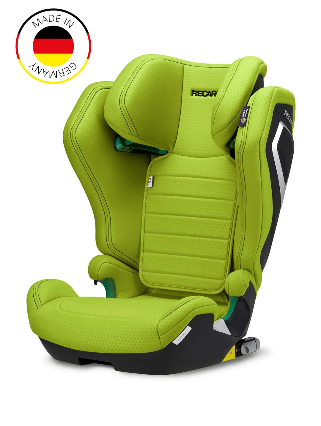 Der RECARO Axion 1 von RECARO Shop ist ein lindgrüner Kindersitz (3-12 Jahre) mit Seitenschutz und ISOFIX. In der Ecke befindet sich eine Plakette mit der deutschen Flagge und "Made in Germany".