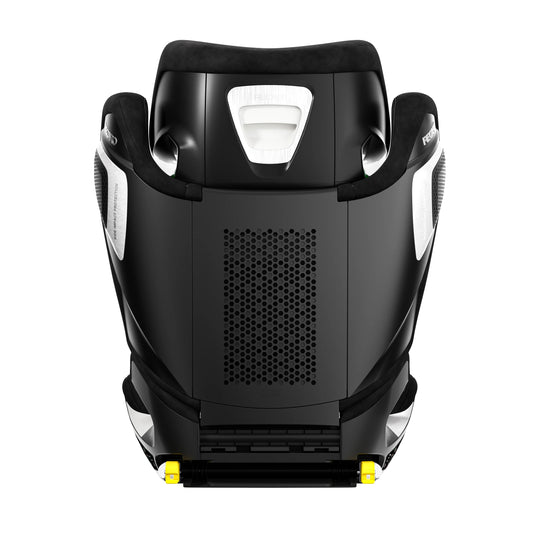 Rückansicht des RECARO Axion 1 by RECARO Shop in schwarz mit weißen und gelben Akzenten, für 3-12 Jahre, mit mittigen Belüftungslöchern, gepolsterten Kopf- und Schulterbereichen und sicherer ISOFIX-Befestigung.