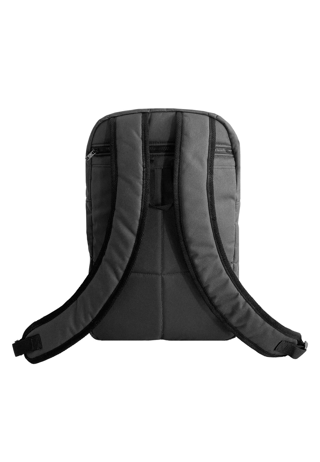 Der RECARO Shop Travel & Tech Rucksack aus original RECARO Sitzleder präsentiert sich in Schwarz mit einer Rückseite, zwei gepolsterten Schultergurten, einem Tragegriff oben und einer kleinen Reißverschlusstasche oben.