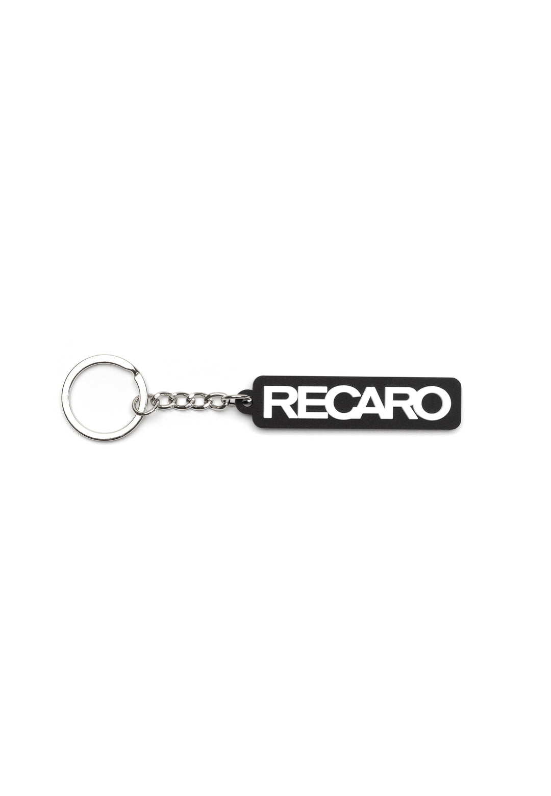 Der Schlüsselanhänger Originals RECARO aus dem RECARO Shop ist ein schwarzer, rechteckiger Gummischlüsselanhänger mit auffälligem weißem Schriftzug, der mit einer kurzen Kette an einem silbernen Schlüsselring befestigt ist und für sportlichen Style sorgt.