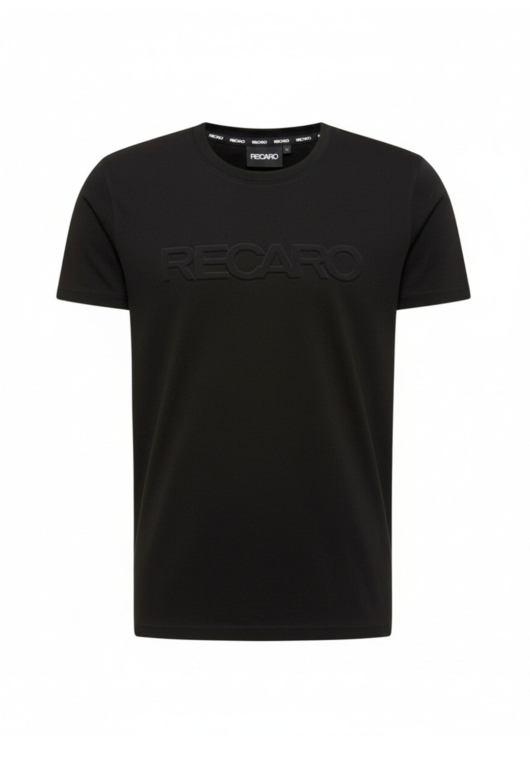Das Recaro_Merch_Daniel T-Shirt Originals Embossed black hat kurze Ärmel, einen Rundhalsausschnitt und ein minimalistisches Design mit RECARO in schwarzer 3D-Prägung auf der Brust. Hergestellt aus Baumwolle.