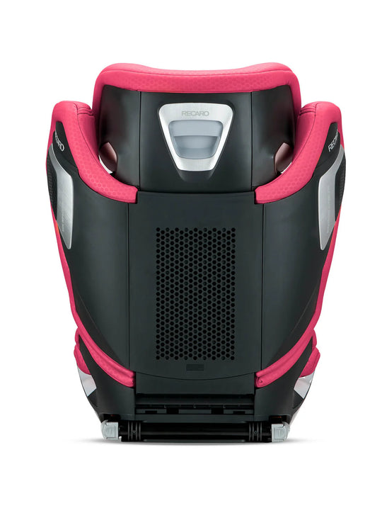 Rückansicht des schwarz-pinken RECARO Axion 1 Kindersitzes aus dem RECARO Shop mit fester Rückenlehne, Netzeinsatz, sichtbarem Branding und ISOFIX-Konnektoren. Ergonomischer Sitz für Kinder von 3-12 Jahren.