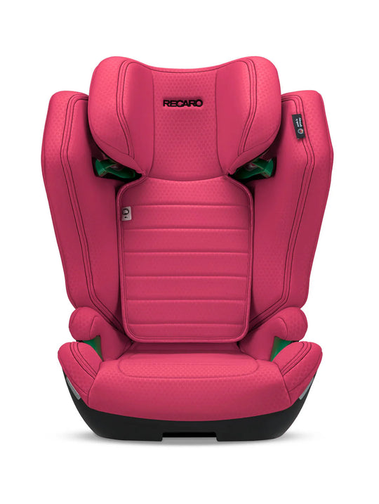 Der RECARO Shop Axion 1 ist ein rosafarbener Autositz für Kinder von 3 bis 12 Jahren, mit gepolsterter Kopfstütze, Seitenstützen, Armlehnen, ISOFIX-Befestigung, schwarzer Basis und grünen Akzenten - auf weißem Hintergrund.