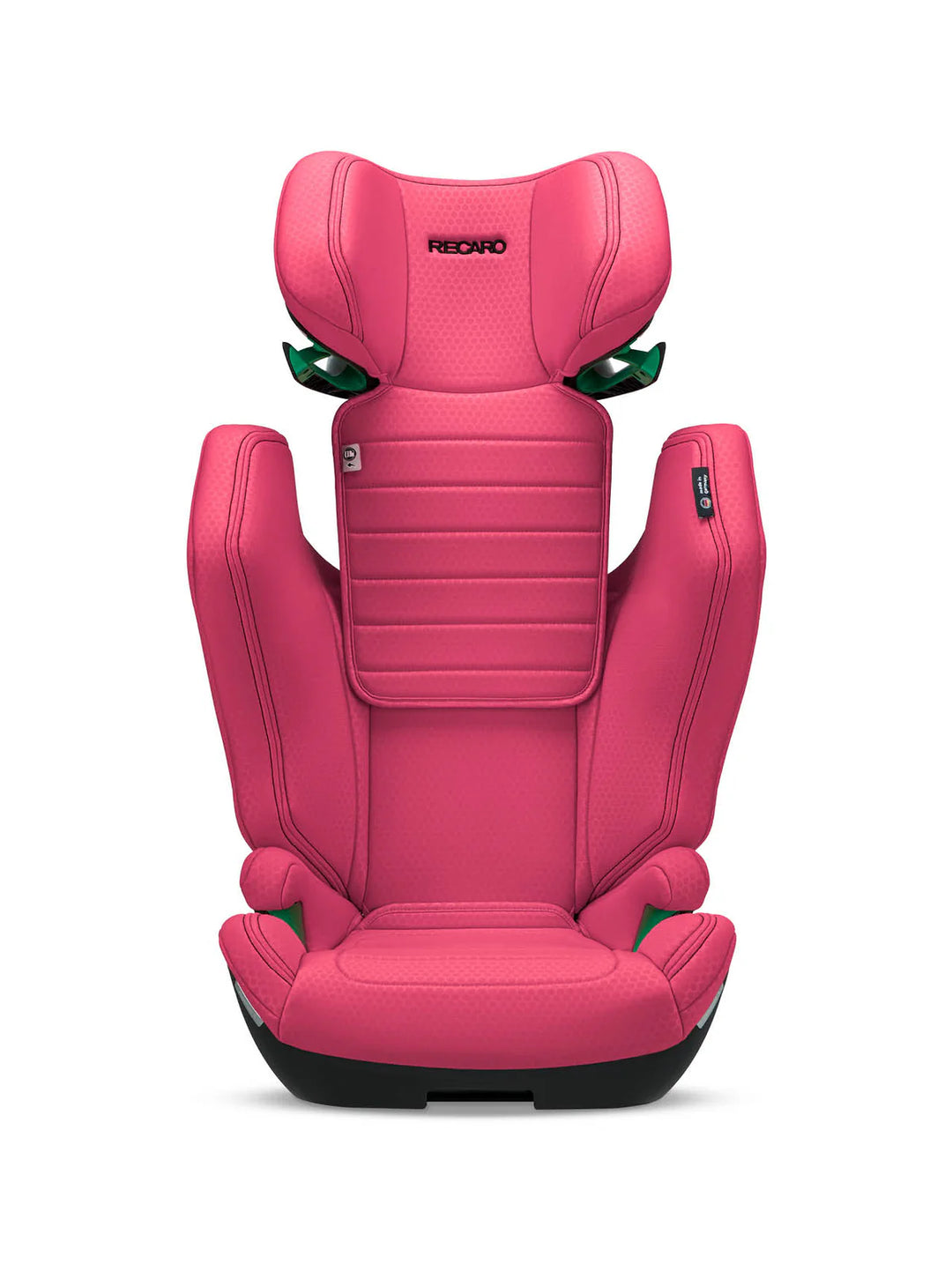Der RECARO Axion 1 aus dem RECARO Shop ist ein leuchtend pinker Kindersitz für die Altersgruppe von 3-12 Jahren, mit Seitenstützen, hoher Rückenlehne, Kopfstütze, grünen Akzenten, strukturierter Oberfläche, ISOFIX Kompatibilität und RECARO Logo in der oberen Mitte.
