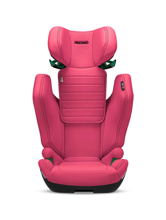 Der RECARO Axion 1 aus dem RECARO Shop ist ein leuchtend pinker Kindersitz für die Altersgruppe von 3-12 Jahren, mit Seitenstützen, hoher Rückenlehne, Kopfstütze, grünen Akzenten, strukturierter Oberfläche, ISOFIX Kompatibilität und RECARO Logo in der oberen Mitte.
