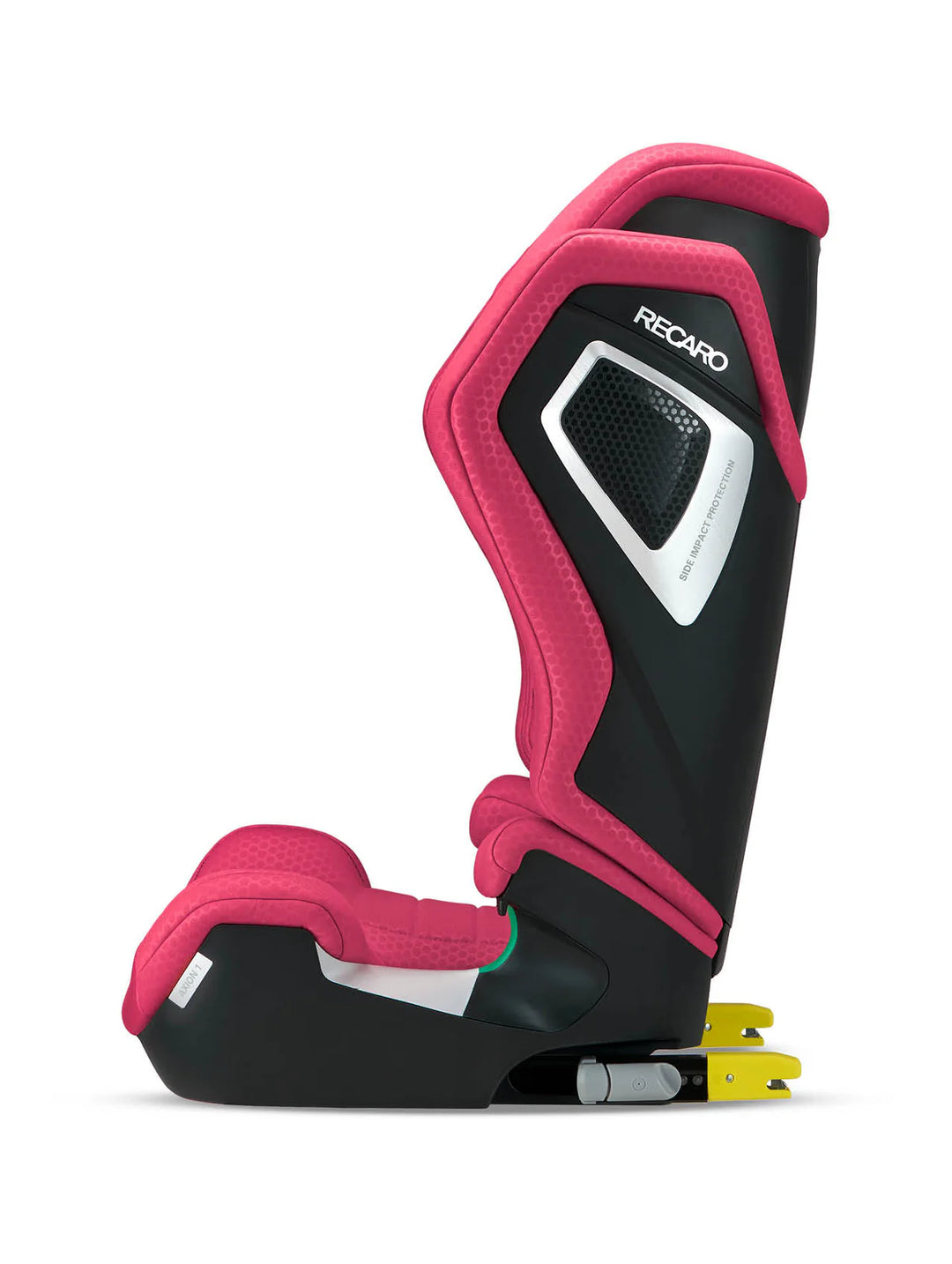 Seitenansicht eines RECARO Axion 1 von RECARO Shop, konzipiert für die Altersgruppe von 3-12 Jahren, mit schwarzem Untergestell, rosa Kissen, hoher Rückenlehne, Kopfstütze mit Markennamen und gelben ISOFIX-Konnektoren am Boden.