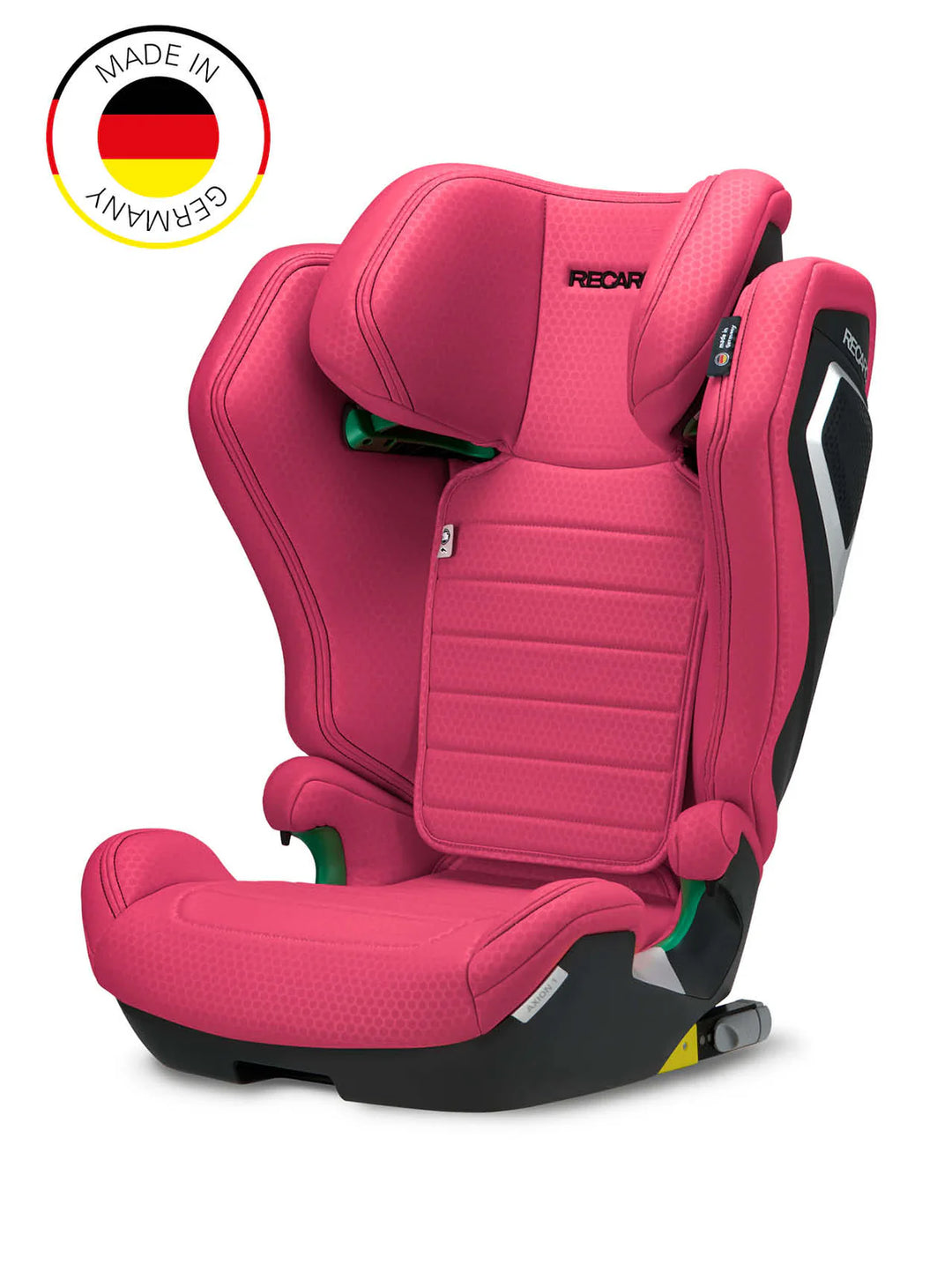 Der rosafarbene RECARO Axion 1 für die Altersgruppe 3-12 Jahre aus dem RECARO Shop hat schwarze und grüne Akzente, ISOFIX und zeigt ein Made in Germany Abzeichen mit der deutschen Flagge in der linken oberen Ecke.