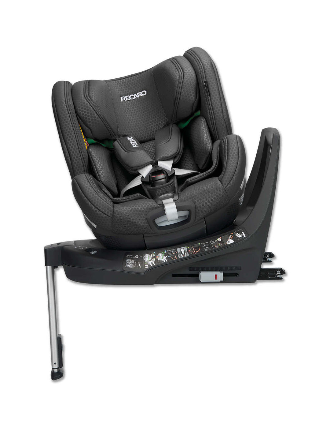 Auf weißem Hintergrund ist ein schwarzer Kindersitz „XENON 1 KID“ von RECARO Shop zu sehen, der mit einem Fünf-Punkt-Gurt ausgestattet ist und auf einer drehbaren Basis mit einem Stützfuß montiert ist, der sich um 360 Grad drehen lässt.