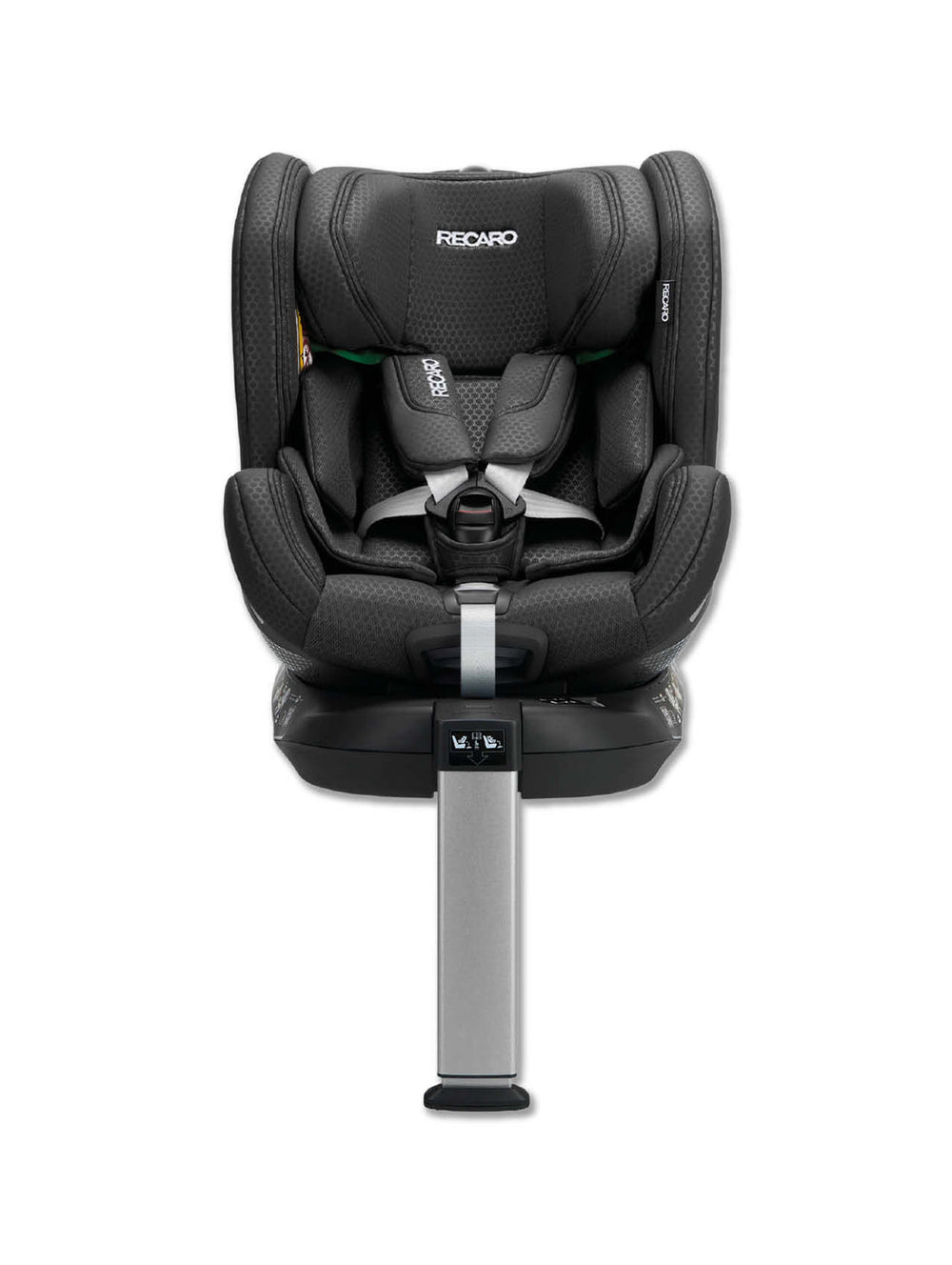 Vorderansicht eines schwarzen RECARO Shop XENON 1 KID-Kindersitzes mit Fünf-Punkt-Gurt und Stützfuß, ausgestattet mit einer 360-Grad-Drehfunktion für flexible Positionierung – ideal für eine sichere Fahrt. Ausgeschnitten vor weißem Hintergrund.