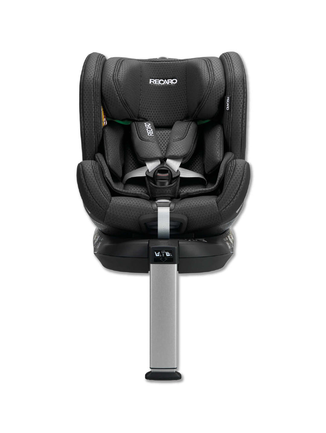 Vorderansicht eines schwarzen RECARO Shop XENON 1 KID-Kindersitzes mit Fünf-Punkt-Gurt und Stützfuß, ausgestattet mit einer 360-Grad-Drehfunktion für flexible Positionierung – ideal für eine sichere Fahrt. Ausgeschnitten vor weißem Hintergrund.