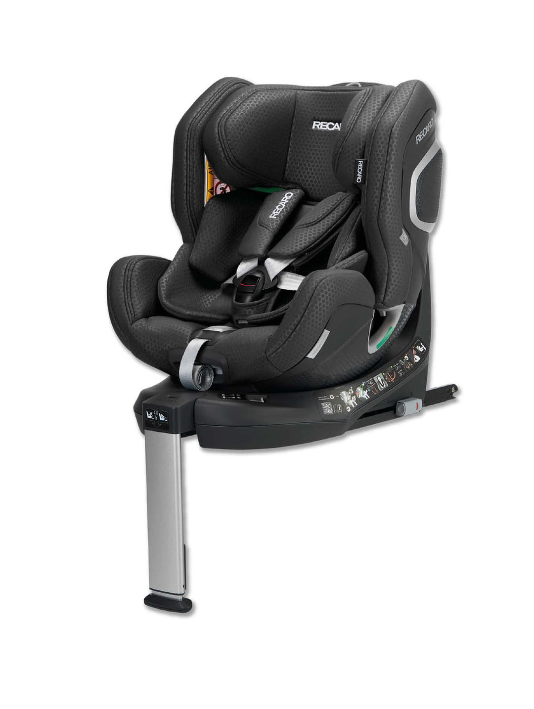 Ein schwarzer XENON 1 KID-Kindersitz von RECARO Shop, ausgestattet mit einem Sicherheitsgurt, einer verstellbaren Kopfstütze und einer stabilen Basis mit ausziehbarem Stützfuß sowie einer praktischen 360-Grad-Drehfunktion, abgebildet auf weißem Hintergrund.