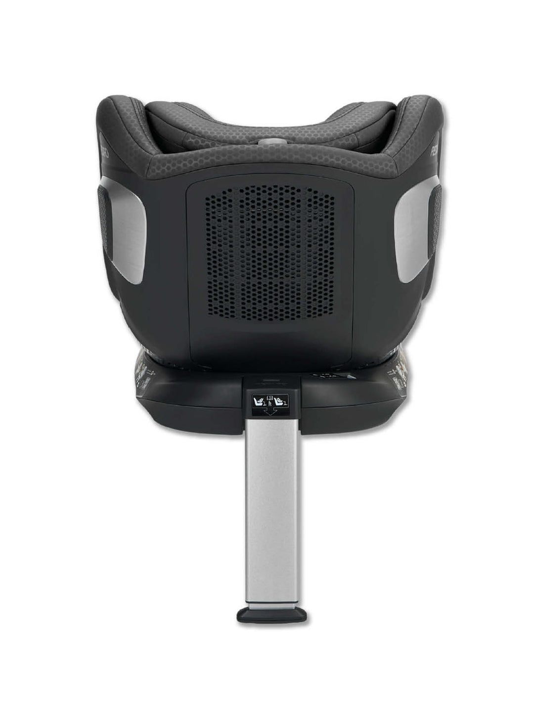 Ein schwarz-grauer RECARO Shop XENON 1 KID-Kindersitz ist von hinten zu sehen. Er verfügt über ein silbernes Stützbein, das für mehr Stabilität nach unten ragt, sowie über Belüftungsöffnungen an der Rückwand. Die innovative 360-Grad-Drehfunktion ermöglicht eine flexible Positionierung und sorgt so stets für eine sichere Fahrt.