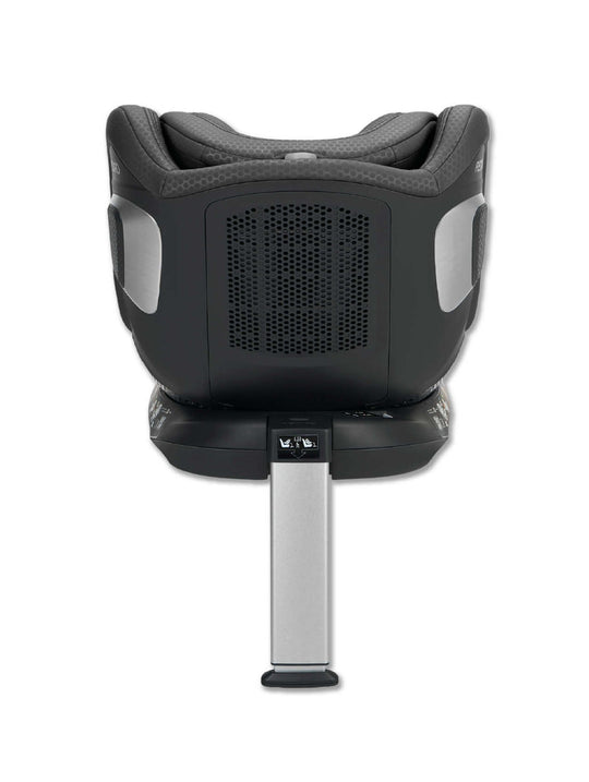 Ein schwarz-grauer RECARO Shop XENON 1 KID-Kindersitz ist von hinten zu sehen. Er verfügt über ein silbernes Stützbein, das für mehr Stabilität nach unten ragt, sowie über Belüftungsöffnungen an der Rückwand. Die innovative 360-Grad-Drehfunktion ermöglicht eine flexible Positionierung und sorgt so stets für eine sichere Fahrt.