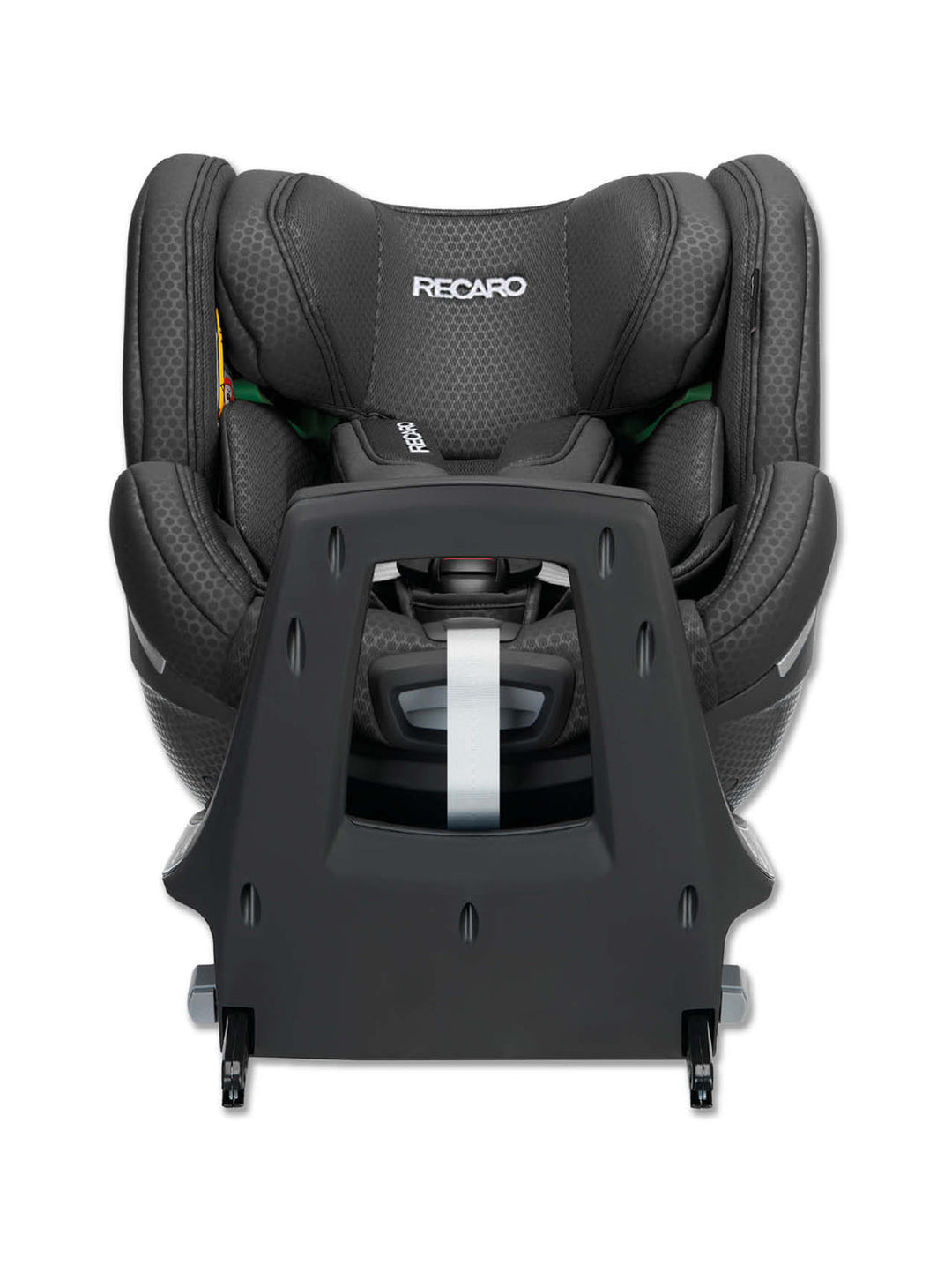 Eine Vorderansicht des RECARO Shop XENON 1 KID Kindersitzes in Schwarz zeigt dessen robusten Rahmen, die strukturierte Polsterung, das sichere Gurtsystem und die innovative 360-Grad-Drehfunktion für einfaches Drehen.