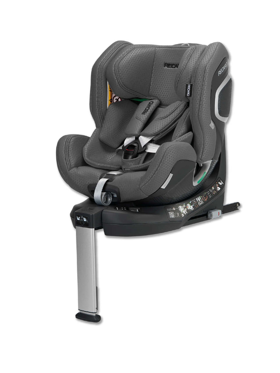 Der RECARO Shop XENON 1 KID Kindersitz in Grau verfügt über einen Sicherheitsgurt, eine verstellbare Rückenlehne und eine Stützbeinstütze, die alle auf einem stabilen schwarzen Sockel mit deutlich gekennzeichneten Anleitungsetiketten angebracht sind. Mit seiner 360-Grad-Drehfunktion für mühelosen Einstieg und zusätzlichen Komfort bietet dieser Kindersitz sowohl eine Seiten- als auch eine Frontansicht – und sorgt so jedes Mal für eine sichere Fahrt.