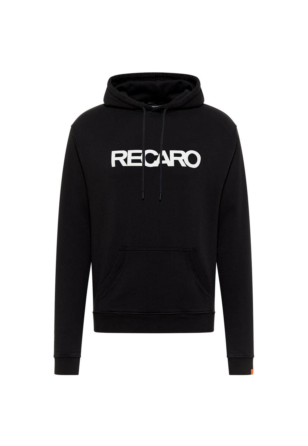 Der RECARO Shop Hoodie Originals ist ein schwarzer Kapuzenpullover mit einer Fronttasche und einem auffälligen weißen Schriftzug auf der Brust - ideal für einen lässigen Freizeit-Look.