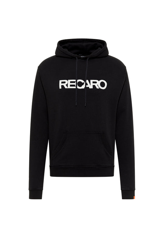 Der RECARO Shop Hoodie Originals ist ein schwarzer Kapuzenpullover mit einer Fronttasche und einem auffälligen weißen Schriftzug auf der Brust - ideal für einen lässigen Freizeit-Look.