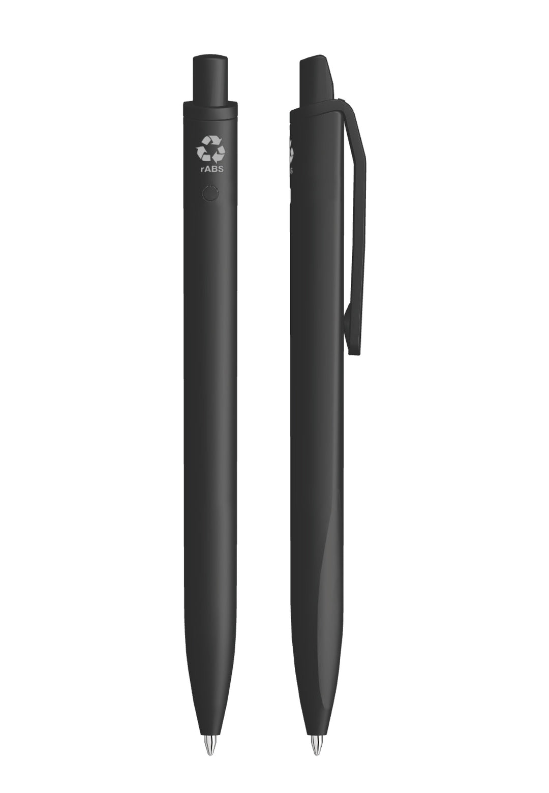 Zwei RECARO_Merchandising Kugelschreiber Originale (schwarz, 1 Stück) aus recyceltem Kunststoff mit Recycling-Symbol und "rABS" im oberen Bereich sind nebeneinander abgebildet - einer von vorne, einer mit Clip; beide mit ergonomischer Griffzone.