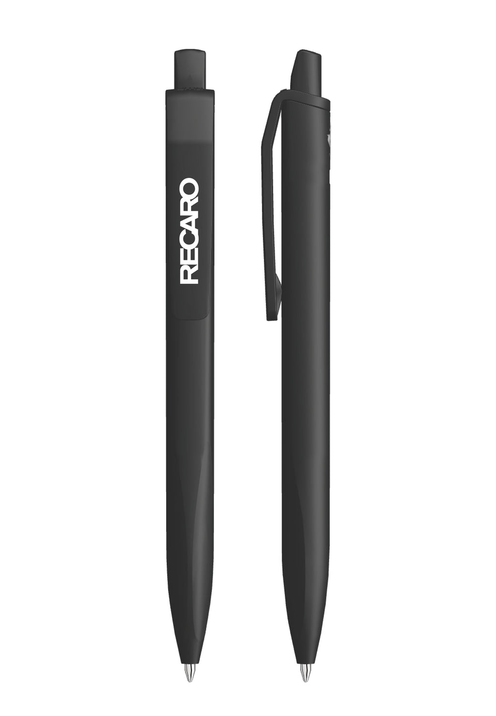 Zwei schwarze RECARO_Merchandising Kugelschreiber Originale (1 Stück) liegen nebeneinander; der eine zeigt das RECARO Logo in Weiß vertikal, der andere betont den Clip und die ergonomische Griffzone.